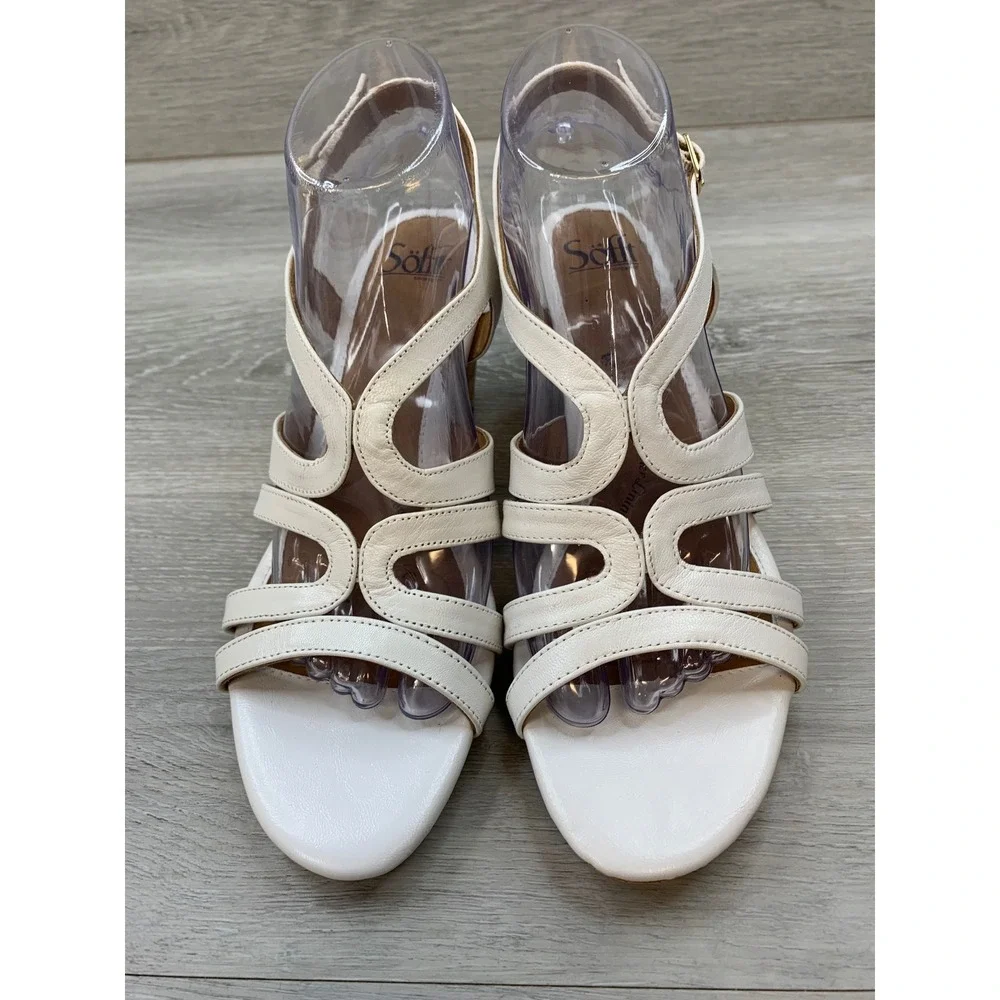 Sofft Katina Women's White Leather Cork Wedge Sandals Strappy Ankle Strap 9